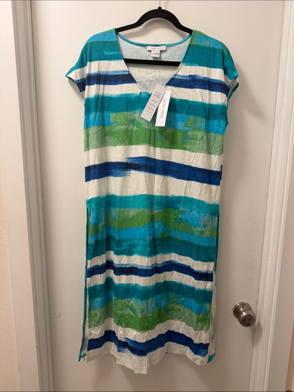 Joan Vass Striped V-Neck Cover-Up Dress - Blue/Green